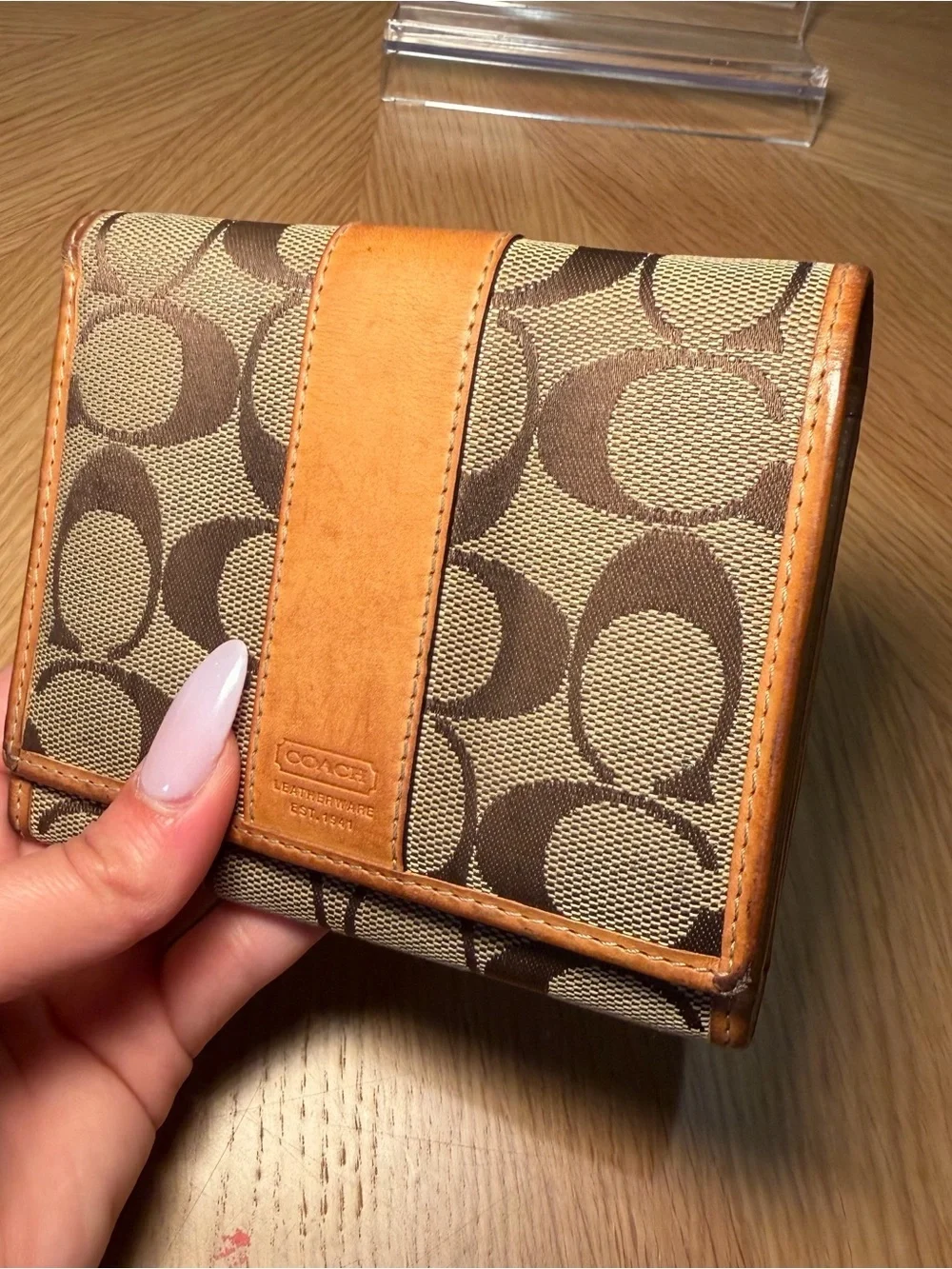 Coach Vachetta Leather Signature Canvas Trifold Wallet - Picture 13 of 16